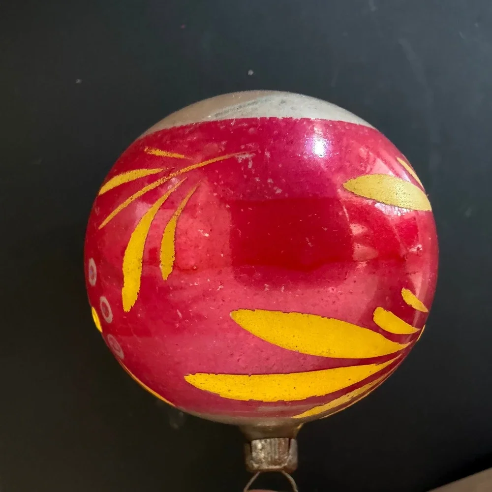 Vintage Pink Mercury Glass Christmas Ornament Hand Painted Yellow Leaves MCM